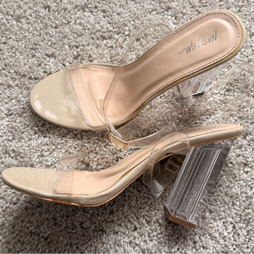 Nasty Gal "Let's Be Clear Heels”  Block Acrylic Shoes Ankle Wrap sz 7/40 US 8.5